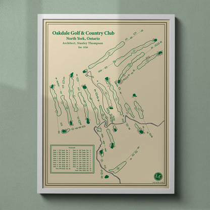 Oakdale Golf & Country Club map print in a white frame showing the unique 27-hole composite layout in Toronto.
