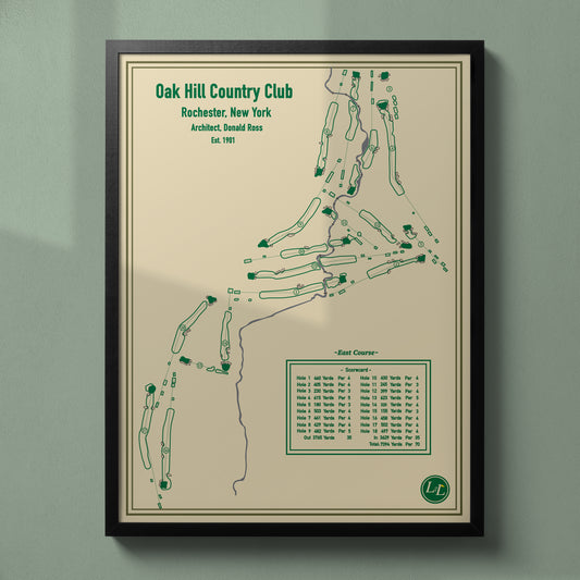 East Course - Oak Hill Country Club Course Map - Blueprint Series - Black Frame