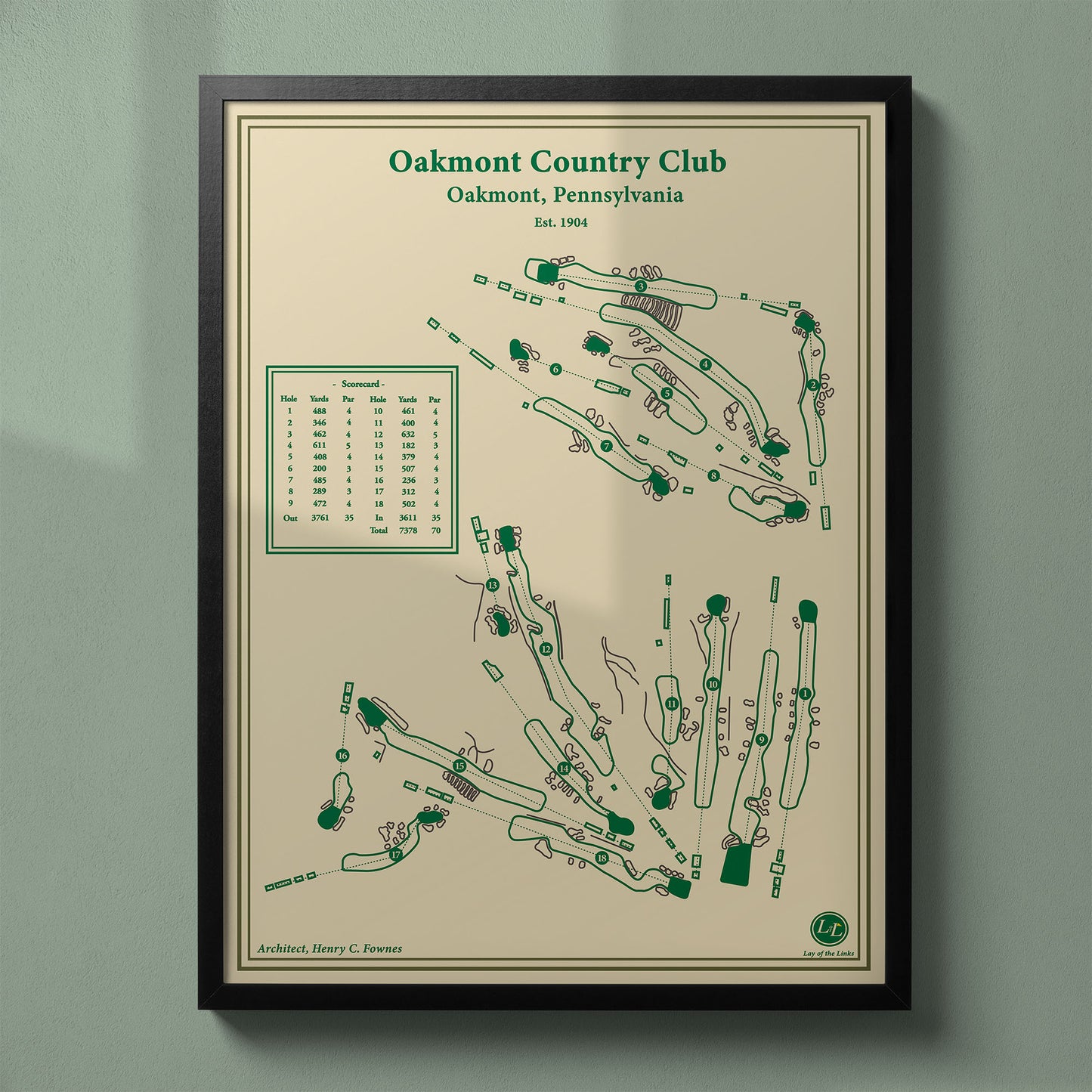 Framed Oakmont Country Club map in a black wood frame showing the Henry Fownes design and famous Church Pews bunkers.