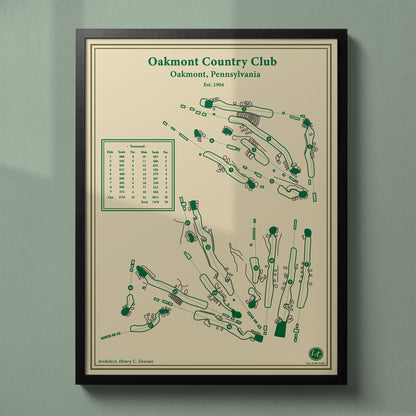 Framed Oakmont Country Club map in a black wood frame showing the Henry Fownes design and famous Church Pews bunkers.