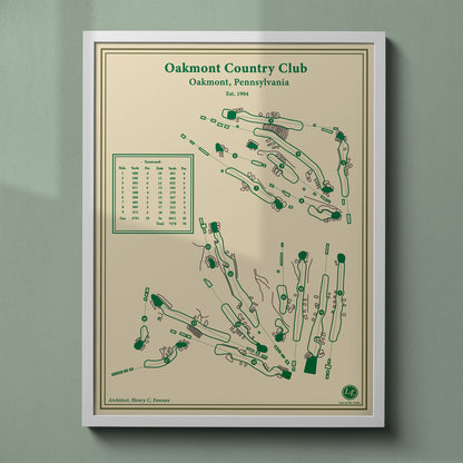 Oakmont Country Club map print in a white frame, featuring the historic venue known as the hardest test in U.S. Open history.