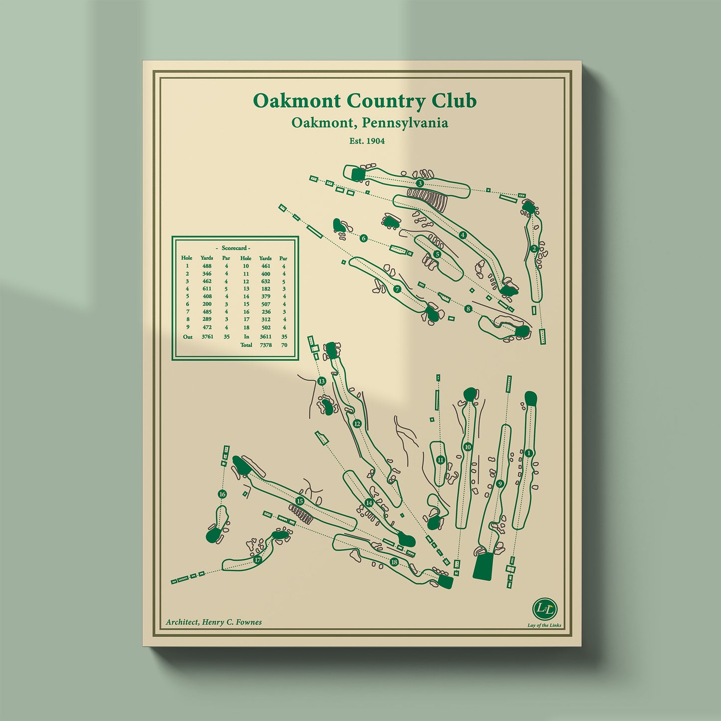 Unframed Oakmont Country Club course map poster print showing the punishing layout and routing near Pittsburgh.