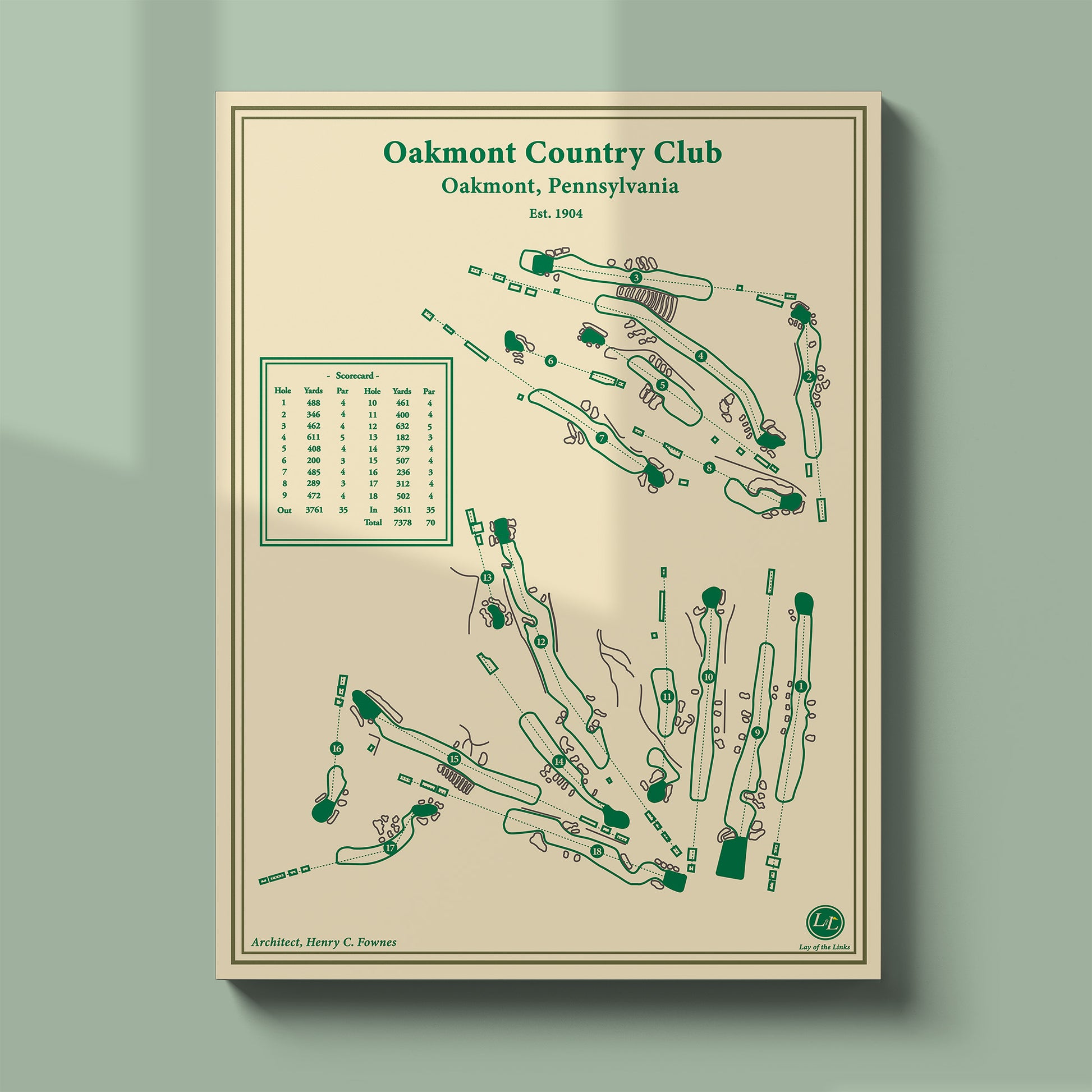 Unframed Oakmont Country Club course map poster print showing the punishing layout and routing near Pittsburgh.