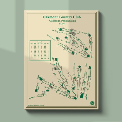 Unframed Oakmont Country Club course map poster print showing the punishing layout and routing near Pittsburgh.