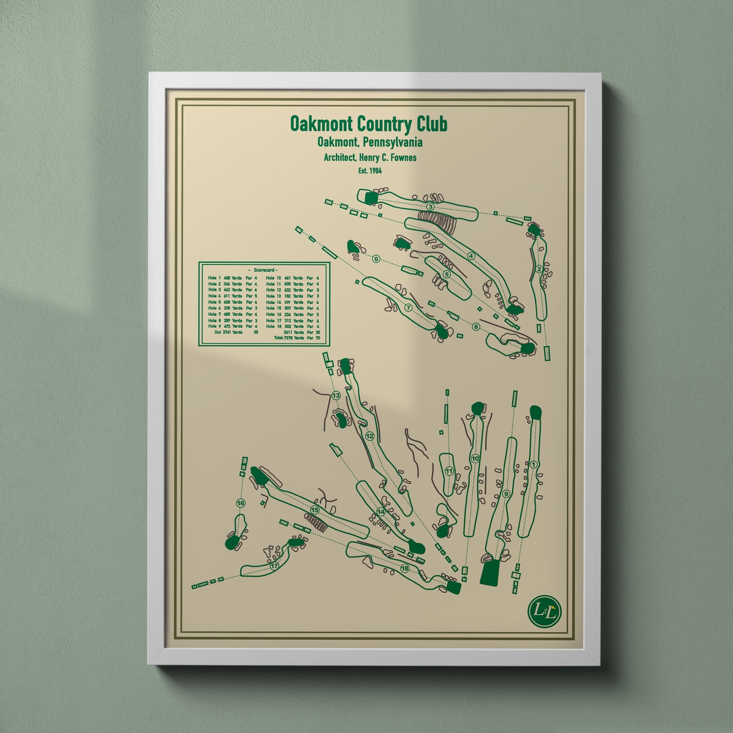 Oakmont Golf Club Golf Course Map Print - Blueprint Series - White Frame