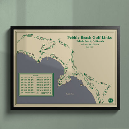 Framed Pebble Beach Golf Links map in a black wood frame showing the rugged coastline and cliffs.