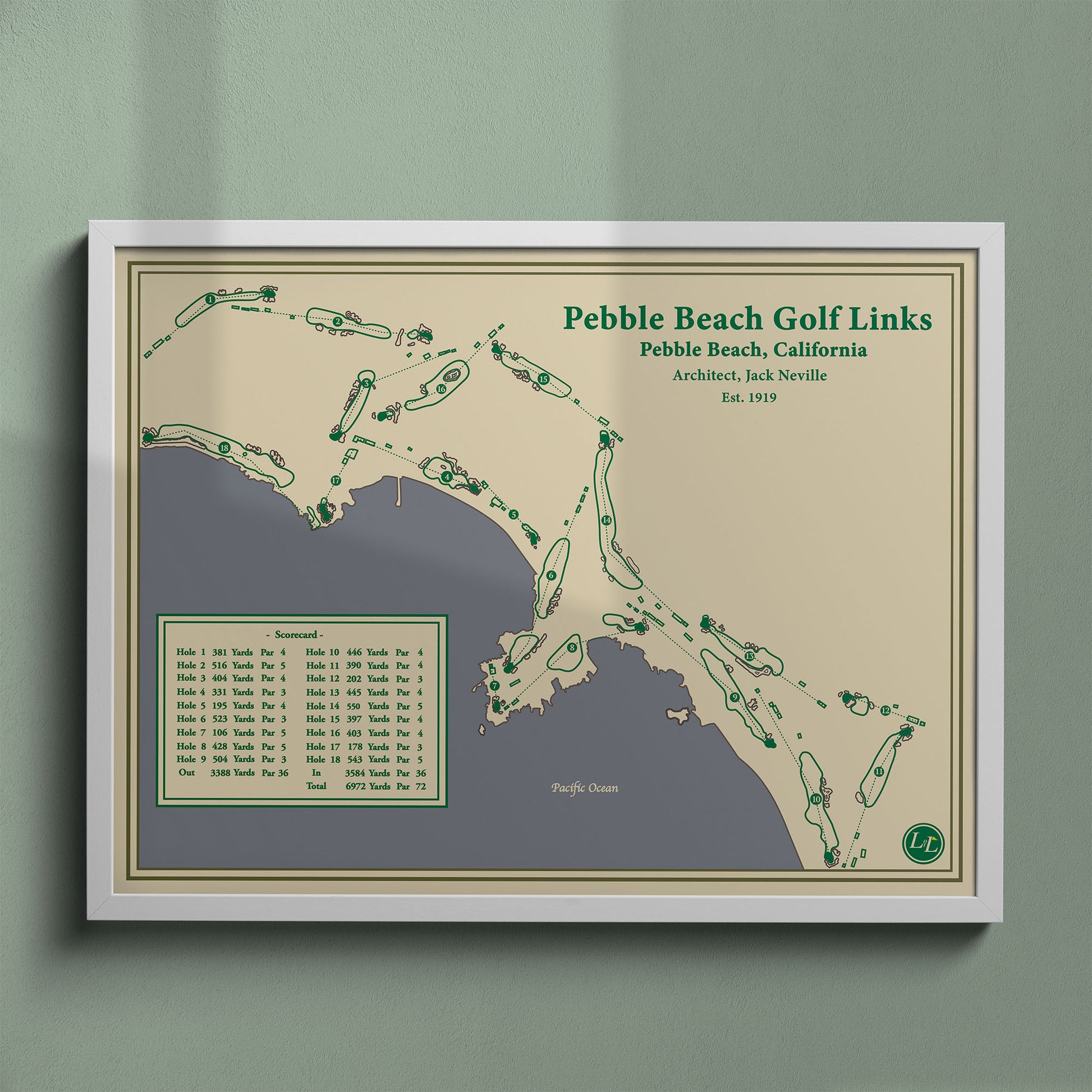 Pebble Beach Golf Links map print in a white frame, featuring the #1 ranked public course layout in America.