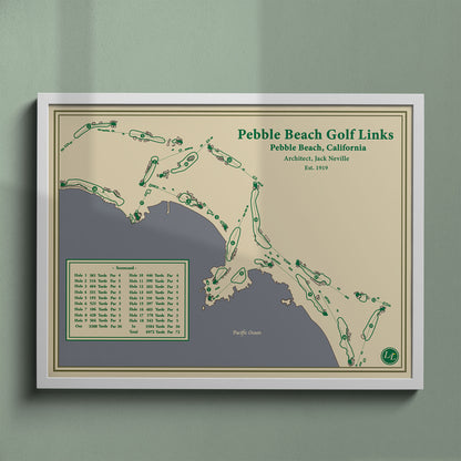 Pebble Beach Golf Links map print in a white frame, featuring the #1 ranked public course layout in America.