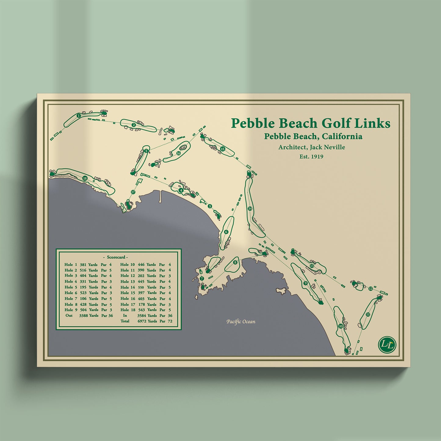 Unframed Pebble Beach course map poster print showing the iconic 7th and 18th holes along Stillwater Cove.