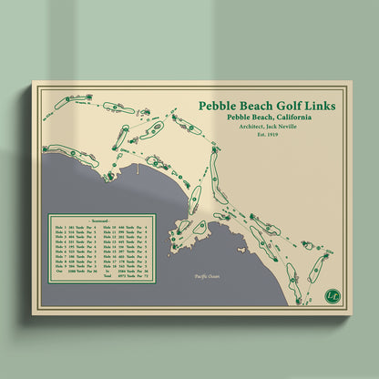 Unframed Pebble Beach course map poster print showing the iconic 7th and 18th holes along Stillwater Cove.