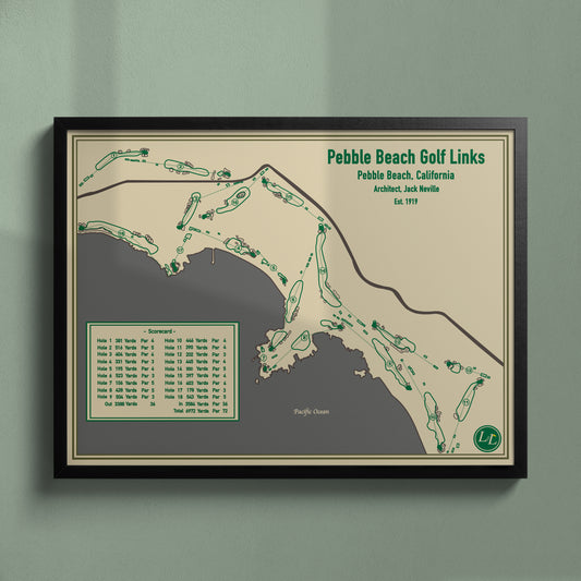Pebble Beach Golf Links Course Map - Blueprint Series - Black Frame