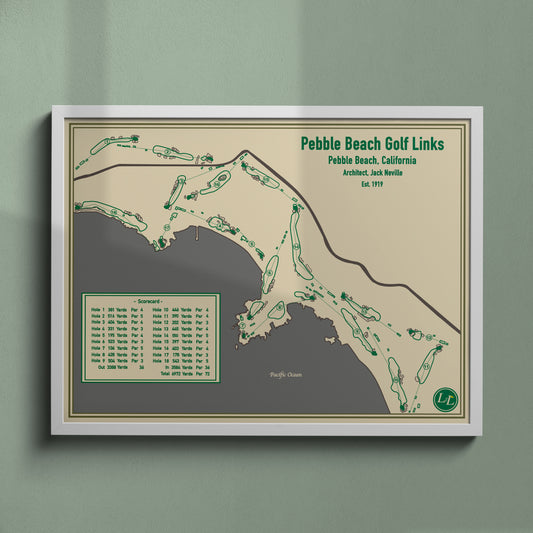 Pebble Beach Golf Links Course Map - Blueprint Series - White Frame