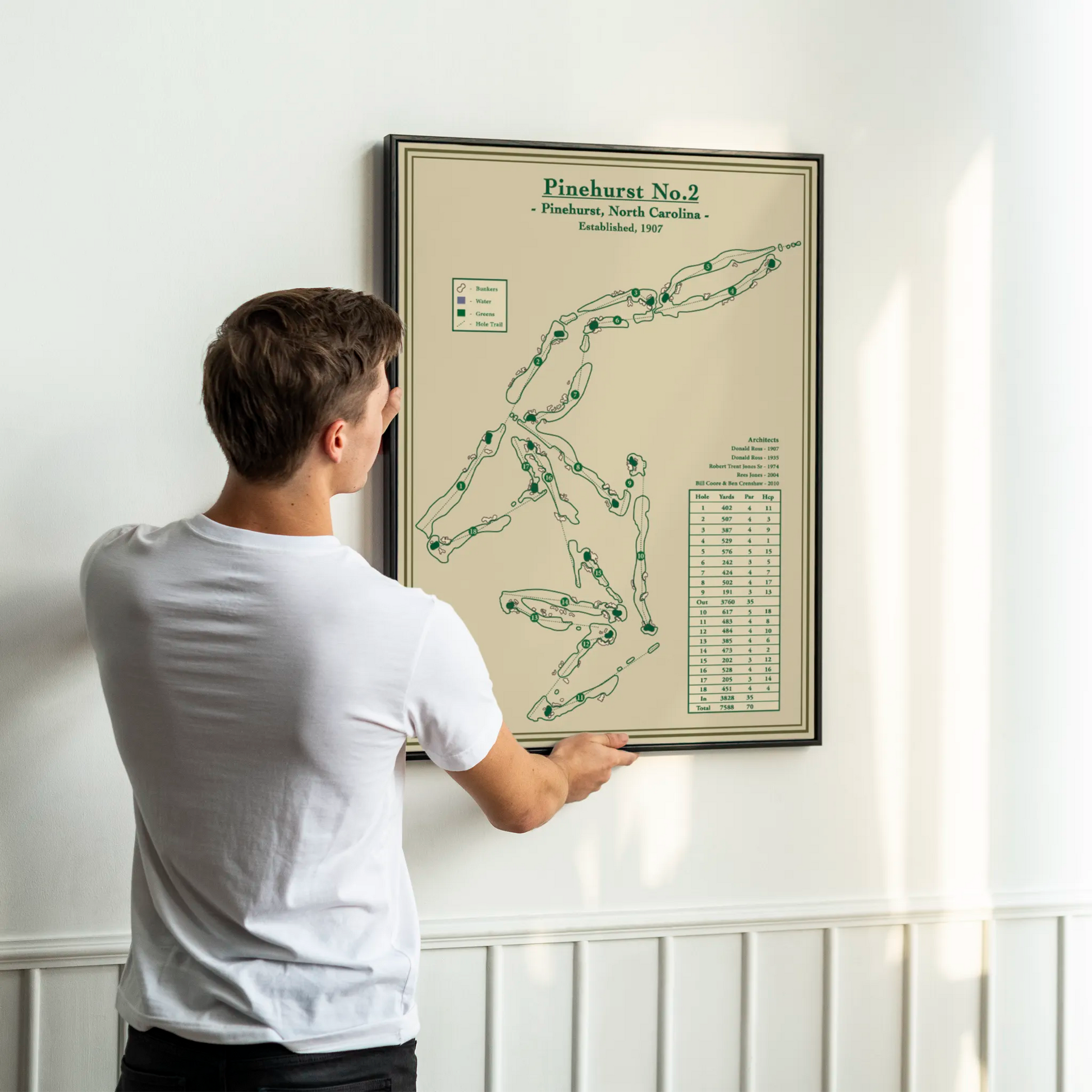 pinehurst no.2 course map print framed on wall