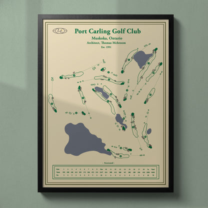 Framed Port Carling Golf & Country Club map in a black wood frame showing the Thomas McBroom masterpiece design.