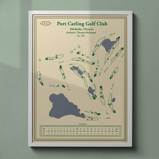 Port Carling golf course map print in a white frame, featuring the dramatic granite ridges of the Canadian Shield.