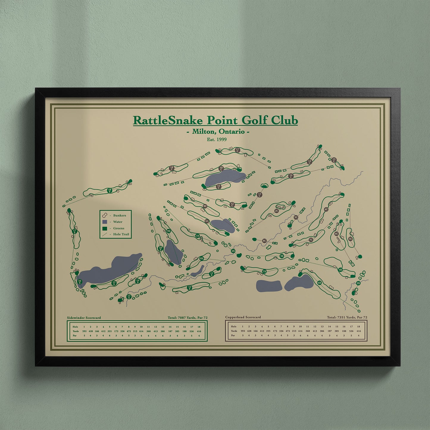 Rattlesnake Point Golf Club map in a black wood frame showing the Thomas McBroom design near the Escarpment.