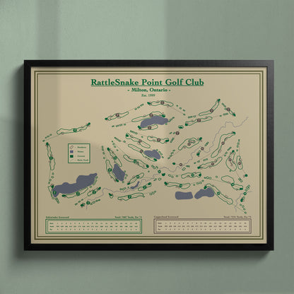 Rattlesnake Point Golf Club map in a black wood frame showing the Thomas McBroom design near the Escarpment.