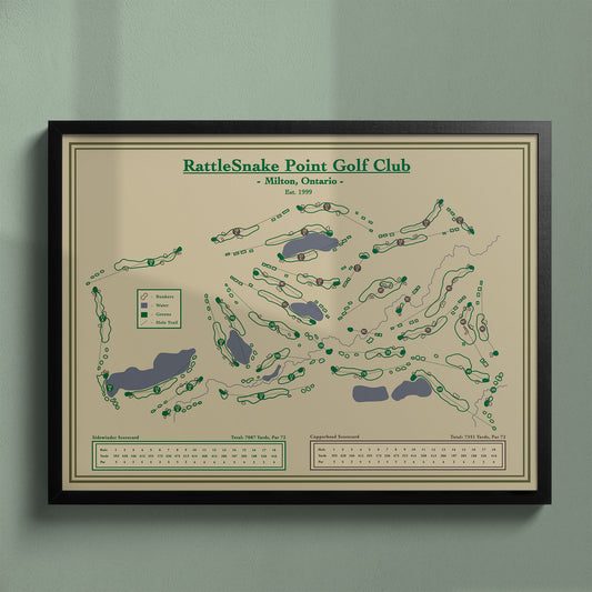 Rattlesnake Point Golf Club map in a black wood frame showing the Thomas McBroom design near the Escarpment.