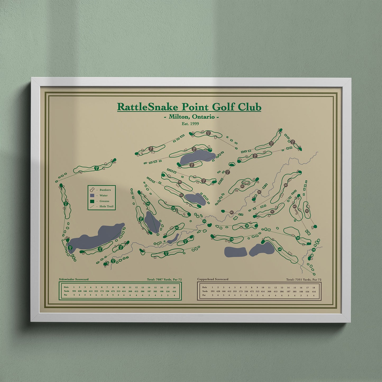 Rattlesnake Point map print in a white frame, featuring the premier ClubLink facility in Milton, Ontario.