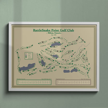 Rattlesnake Point map print in a white frame, featuring the premier ClubLink facility in Milton, Ontario.