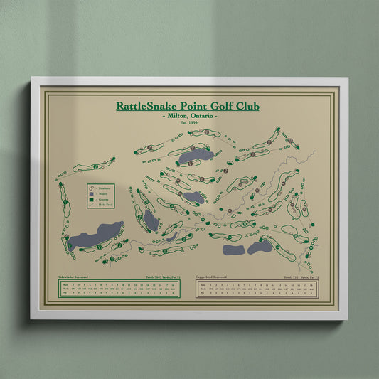 Rattlesnake Point map print in a white frame, featuring the premier ClubLink facility in Milton, Ontario.