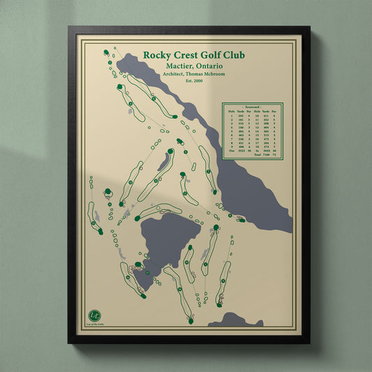 Framed Rocky Crest Golf Resort map in a black wood frame showing the Thomas McBroom design on the Canadian Shield.