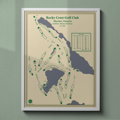 Rocky Crest Golf Resort map print in a white frame, featuring the granite ridges and Muskoka cottage country setting.