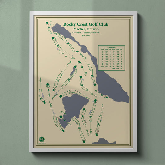 Rocky Crest Golf Resort map print in a white frame, featuring the granite ridges and Muskoka cottage country setting.