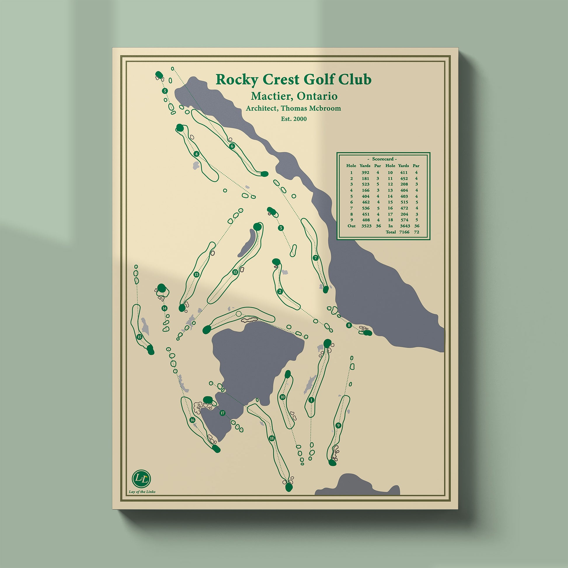Unframed Rocky Crest course map poster print showing the full routing winding through the pine forest.