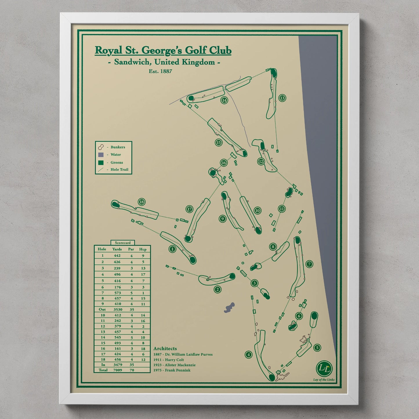 Framed map of Royal St. George's Golf Club on a beige background
