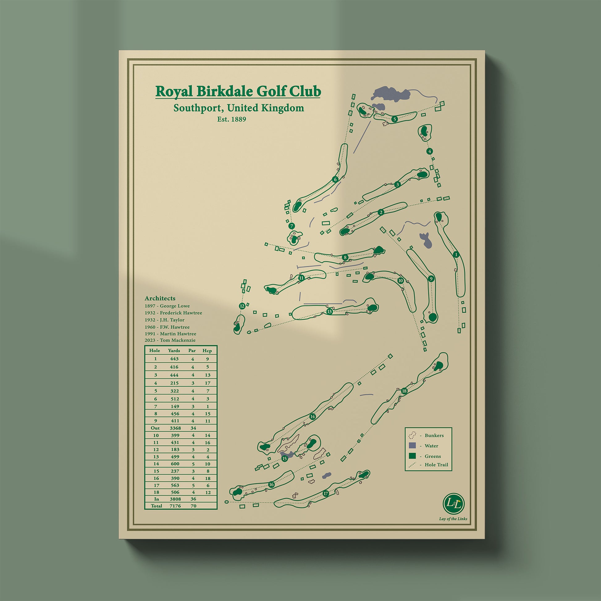 Unframed Royal Birkdale course map poster print showing the full 18 holes and location of the iconic Art Deco clubhouse.