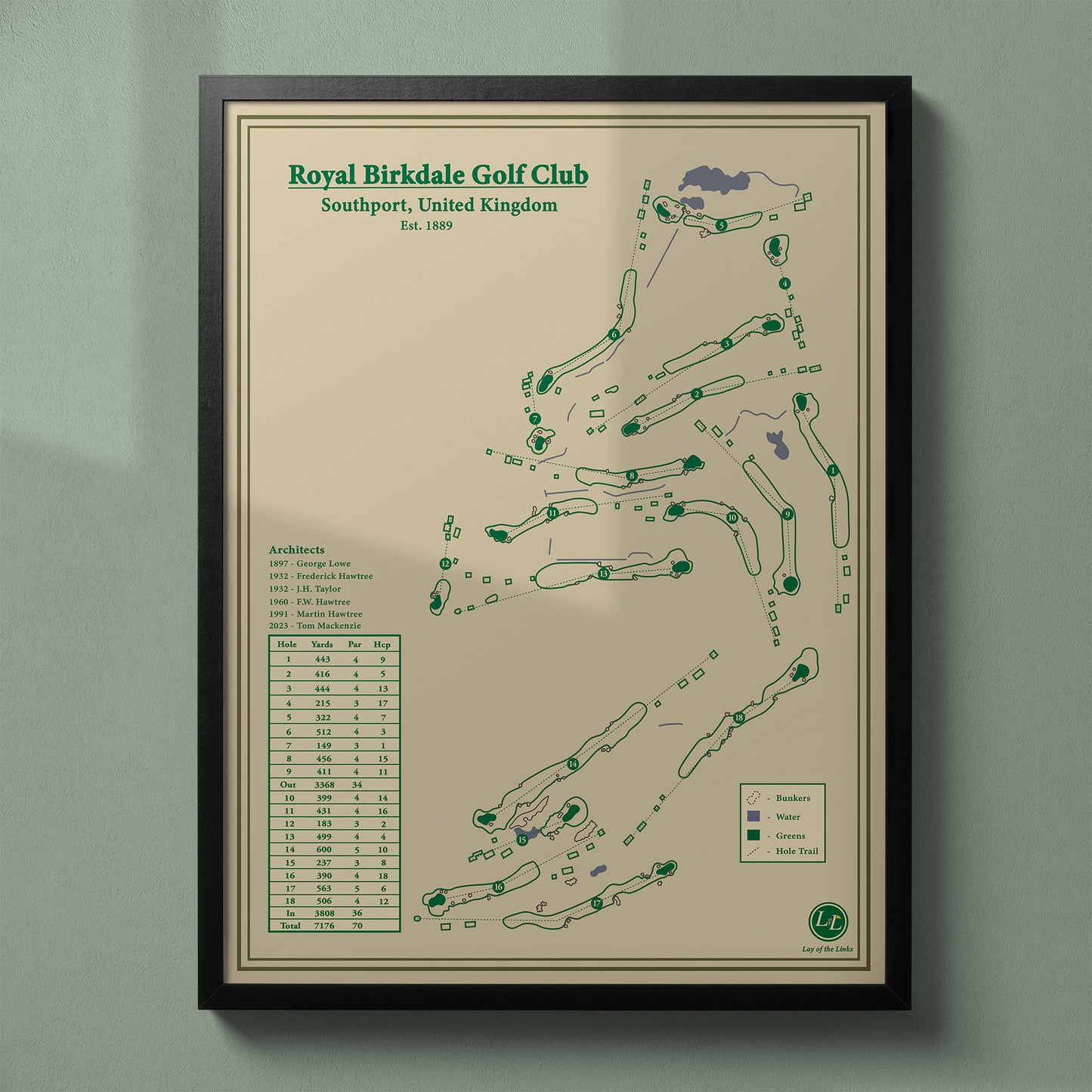 Framed Royal Birkdale Golf Club map in a black wood frame showing the routing winding through the massive sand dunes.
