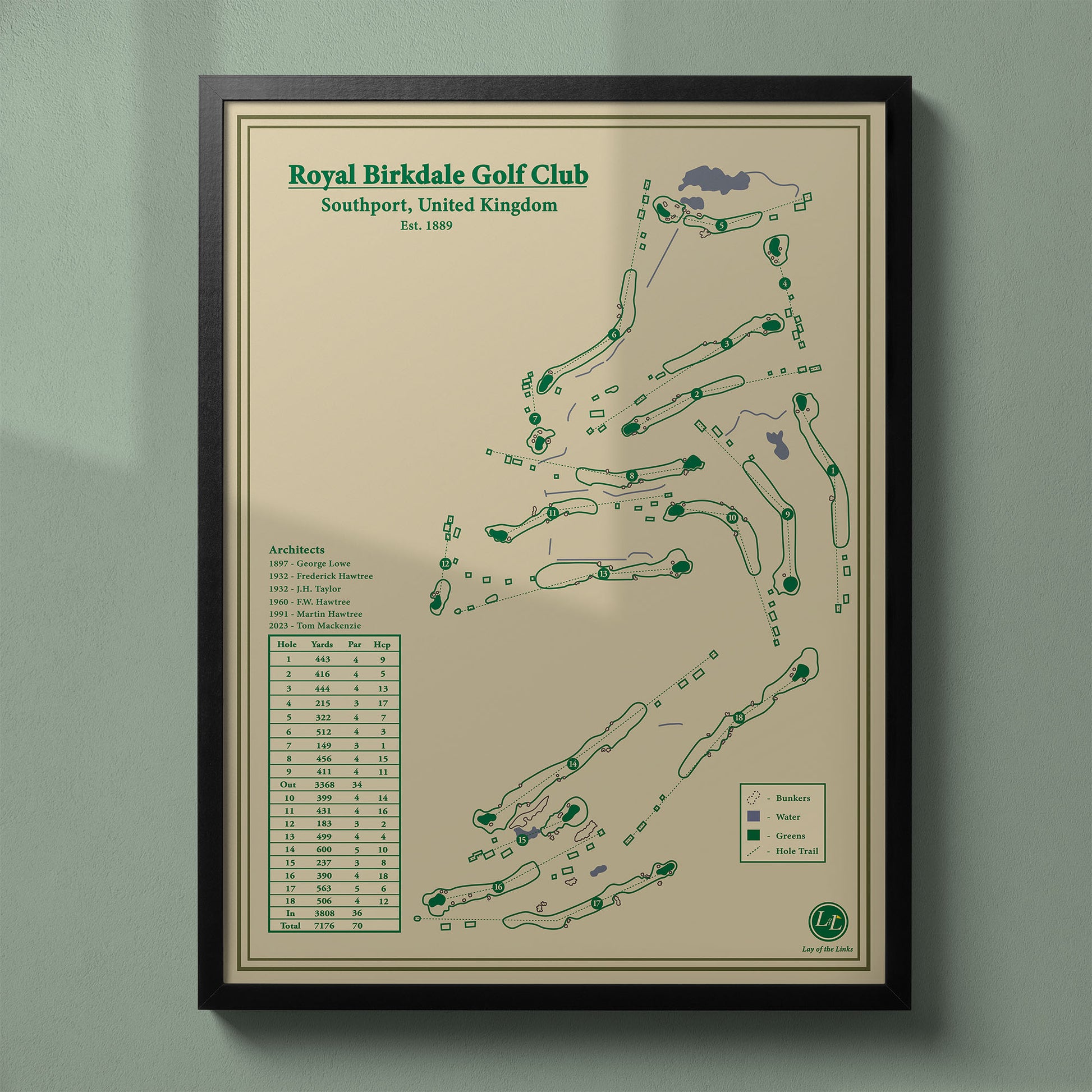 Framed Royal Birkdale Golf Club map in a black wood frame showing the routing winding through the massive sand dunes.
