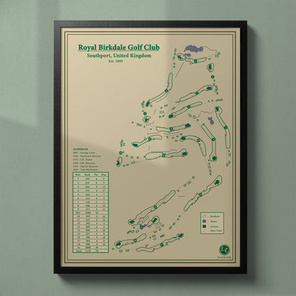Framed Royal Birkdale Golf Club map in a black wood frame showing the routing winding through the massive sand dunes.