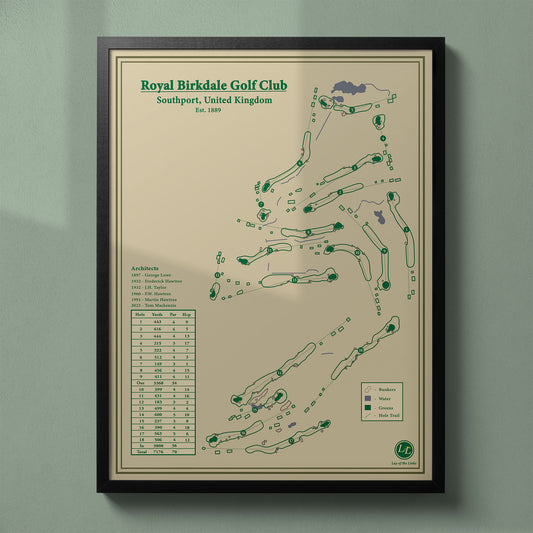 Framed Royal Birkdale Golf Club map in a black wood frame showing the routing winding through the massive sand dunes.