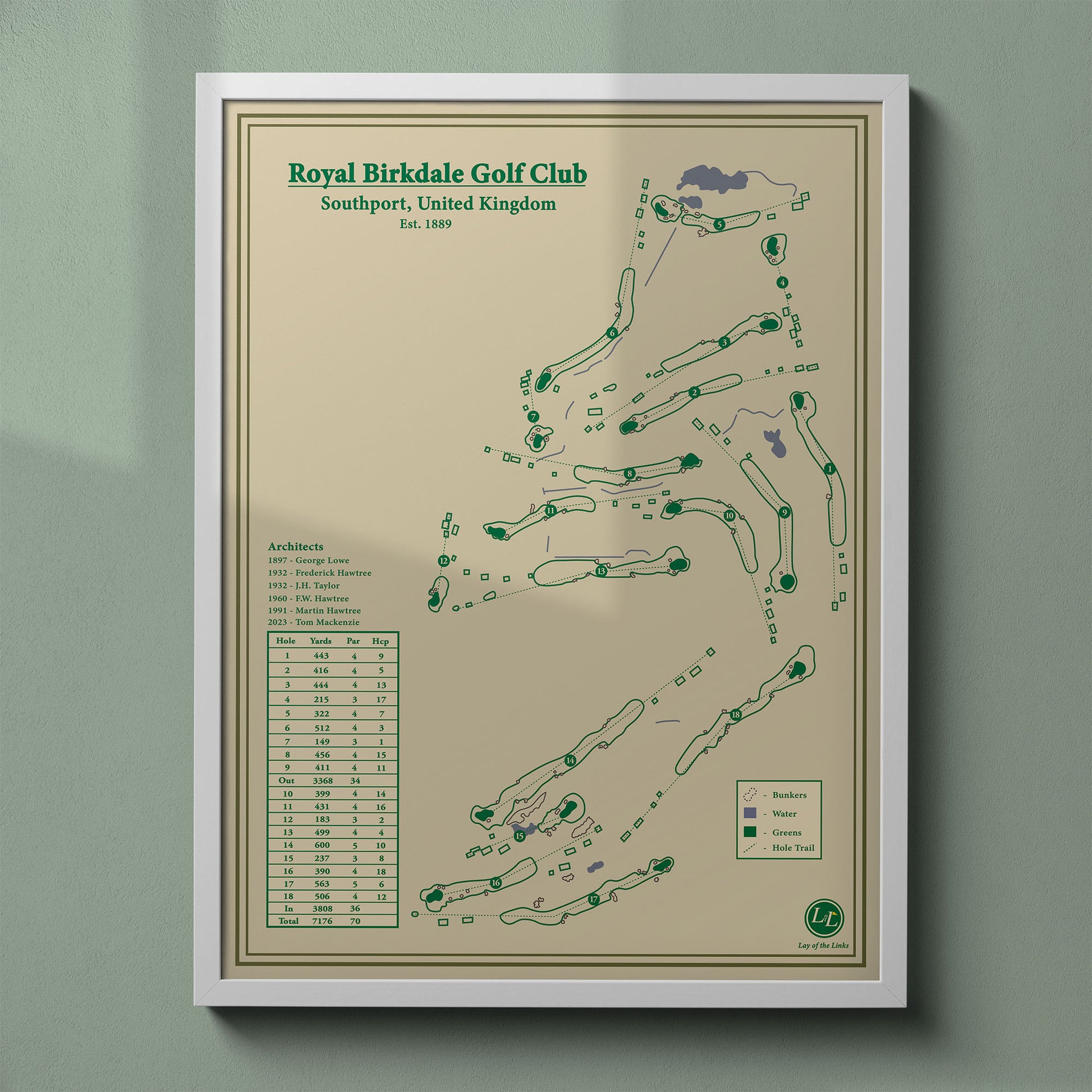 Royal Birkdale map print in a white frame, featuring the historic Open Championship venue on England's Golf Coast.