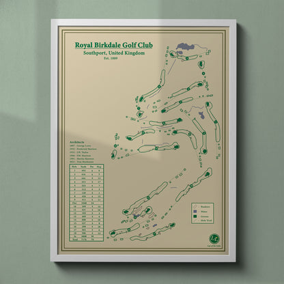Royal Birkdale map print in a white frame, featuring the historic Open Championship venue on England's Golf Coast.