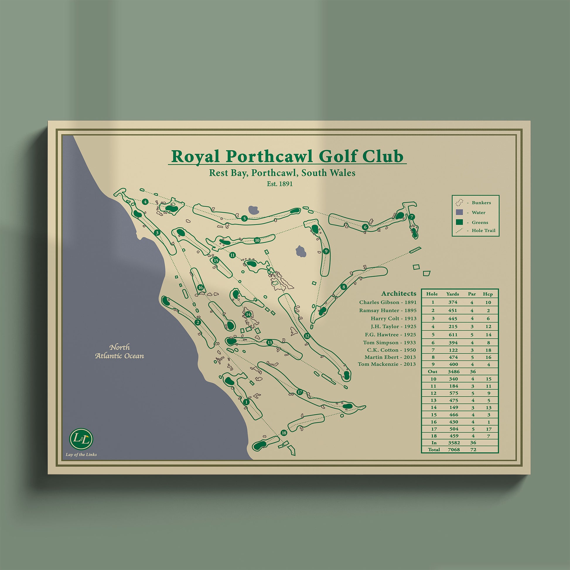 Unframed Royal Porthcawl course map poster print showing the full routing overlooking the Bristol Channel.