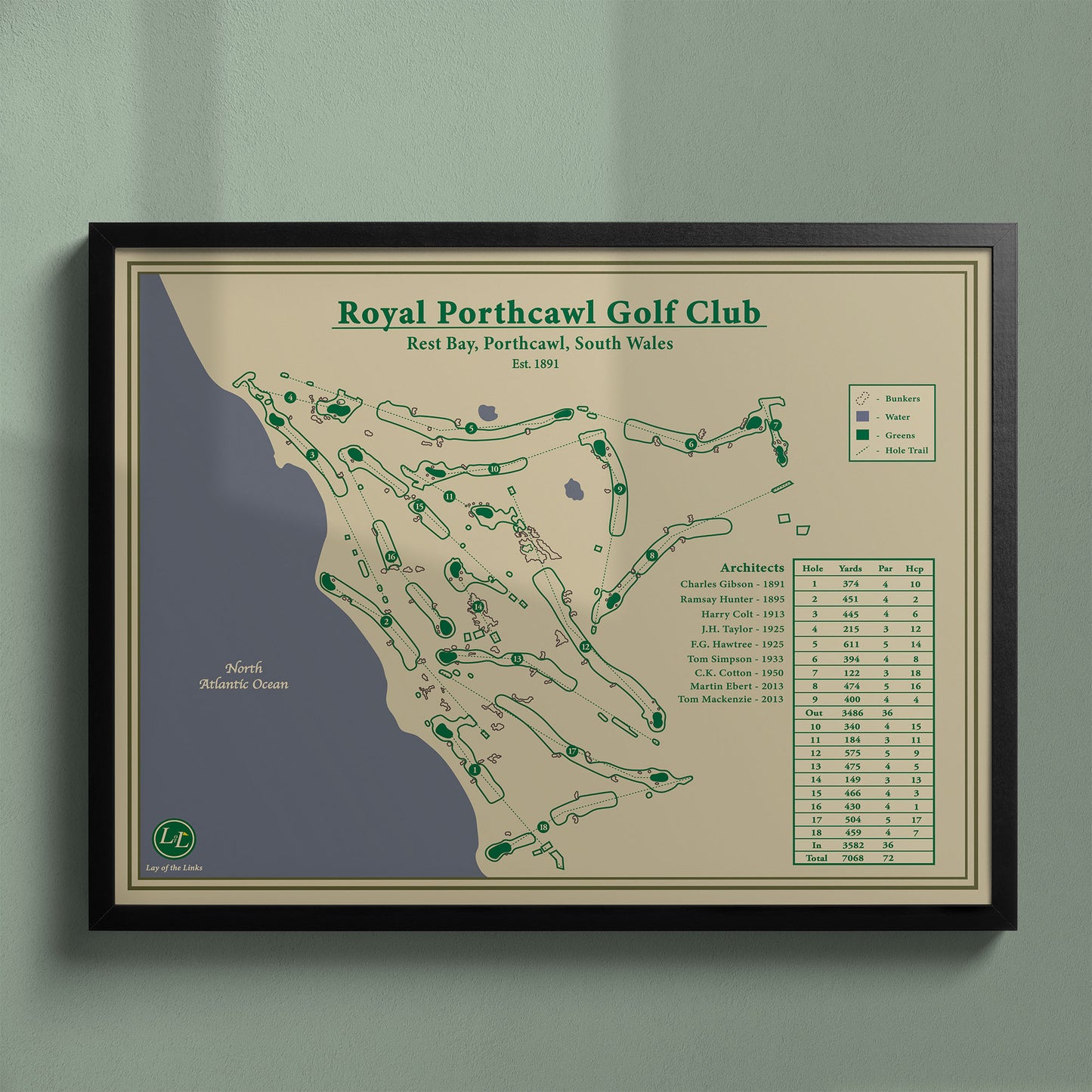 Framed Royal Porthcawl Golf Club map in a black wood frame showing the premier links course in Wales.