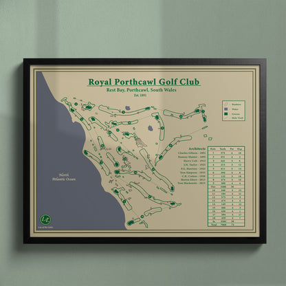 Framed Royal Porthcawl Golf Club map in a black wood frame showing the premier links course in Wales.