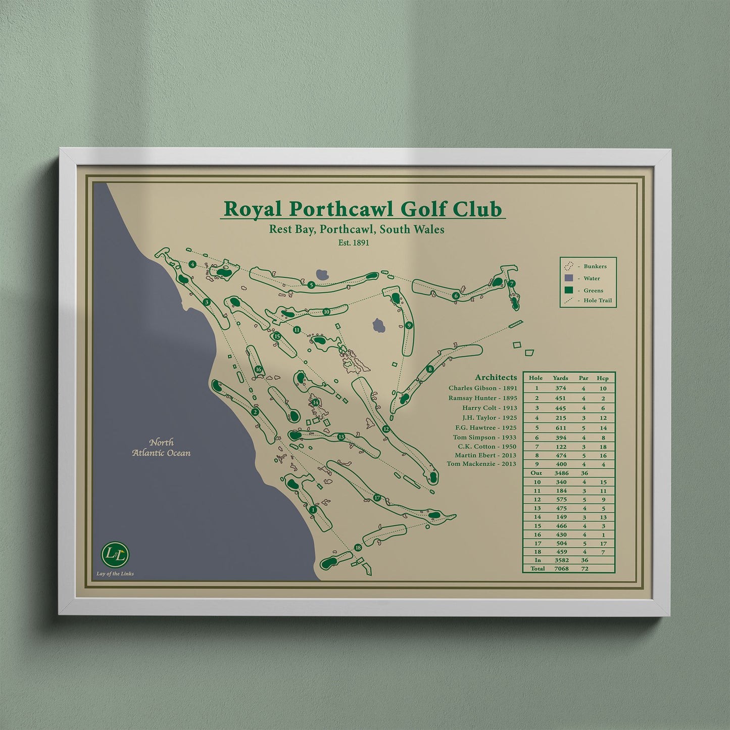 Royal Porthcawl map print in a white frame, featuring the historic Senior Open and Walker Cup venue.