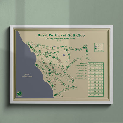 Royal Porthcawl map print in a white frame, featuring the historic Senior Open and Walker Cup venue.