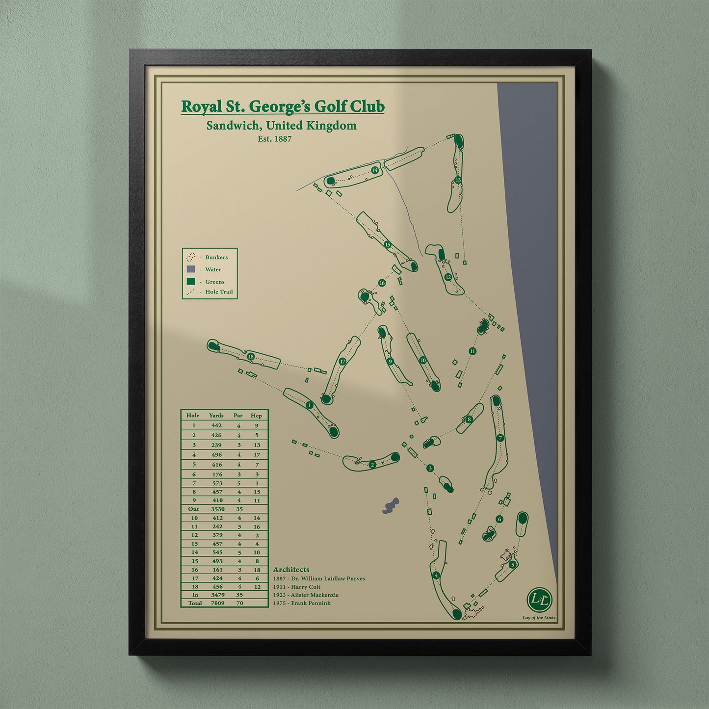 Framed Royal St. George's Golf Club map in a black wood frame showing the undulating fairways and famous Himalaya bunker.