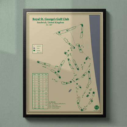 Framed Royal St. George's Golf Club map in a black wood frame showing the undulating fairways and famous Himalaya bunker.