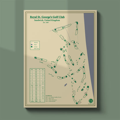 Unframed Royal St. George's course map poster print showing the full routing and famous blind shots.