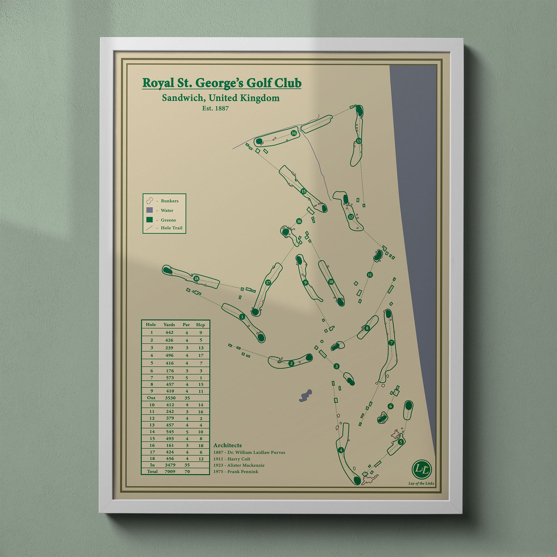 Royal St. George's map print in a white frame, featuring the historic Open Championship venue in Sandwich, Kent.