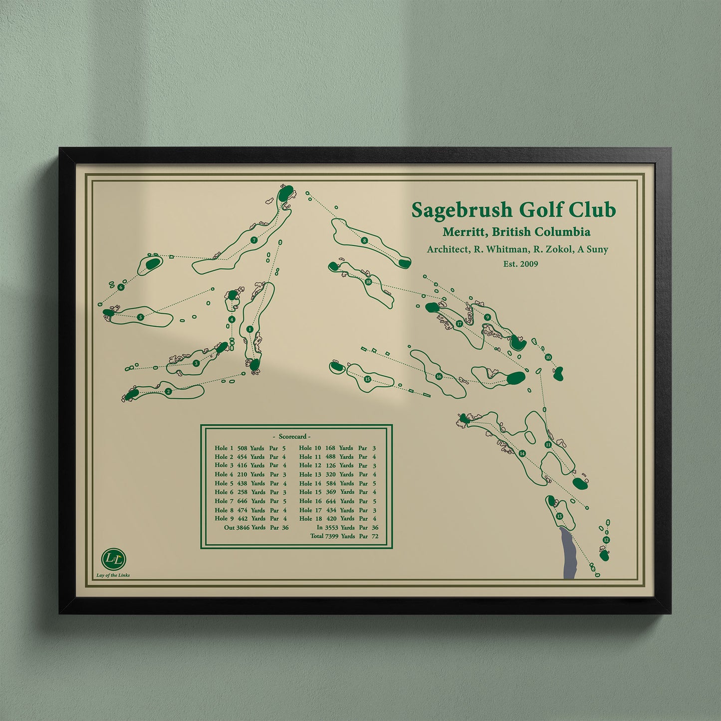 Framed Sagebrush Golf Club map in a black wood frame showing the minimalist Rod Whitman design.