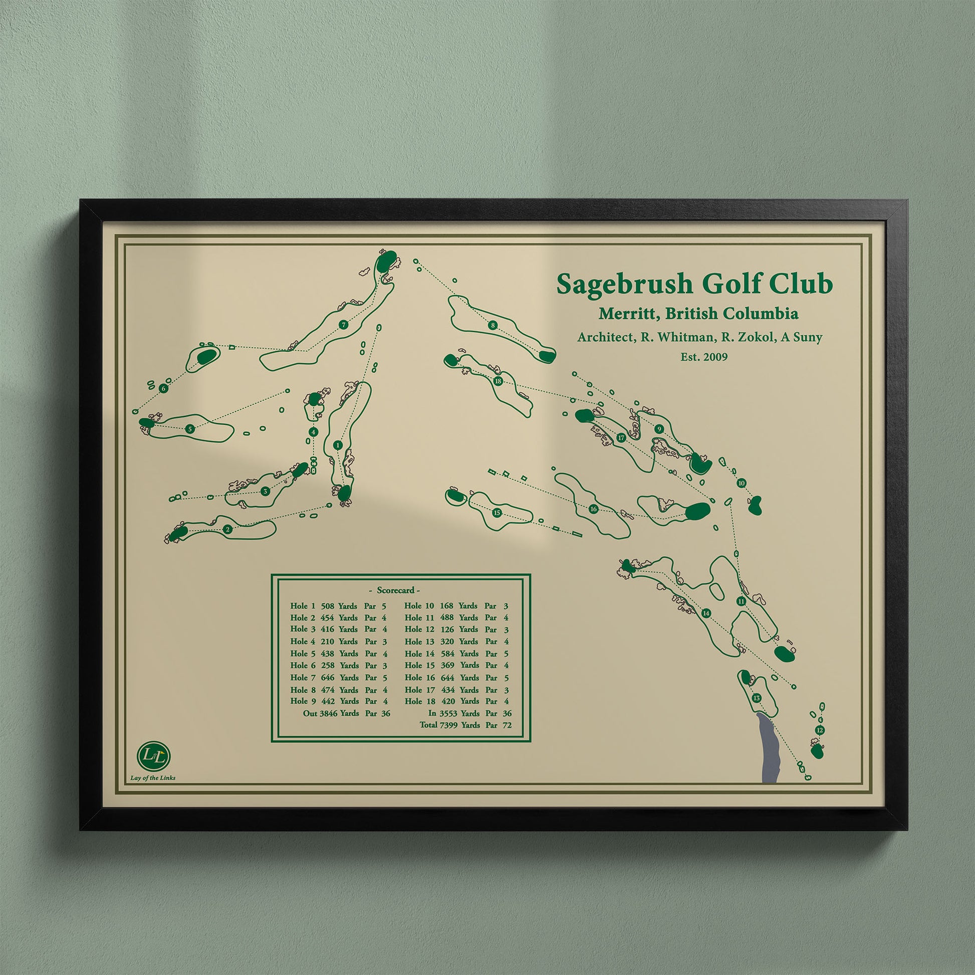 Framed Sagebrush Golf Club map in a black wood frame showing the minimalist Rod Whitman design.