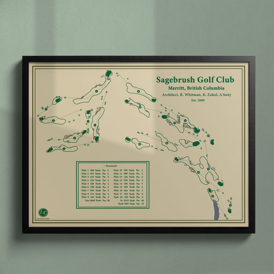 Framed Sagebrush Golf Club map in a black wood frame showing the minimalist Rod Whitman design.