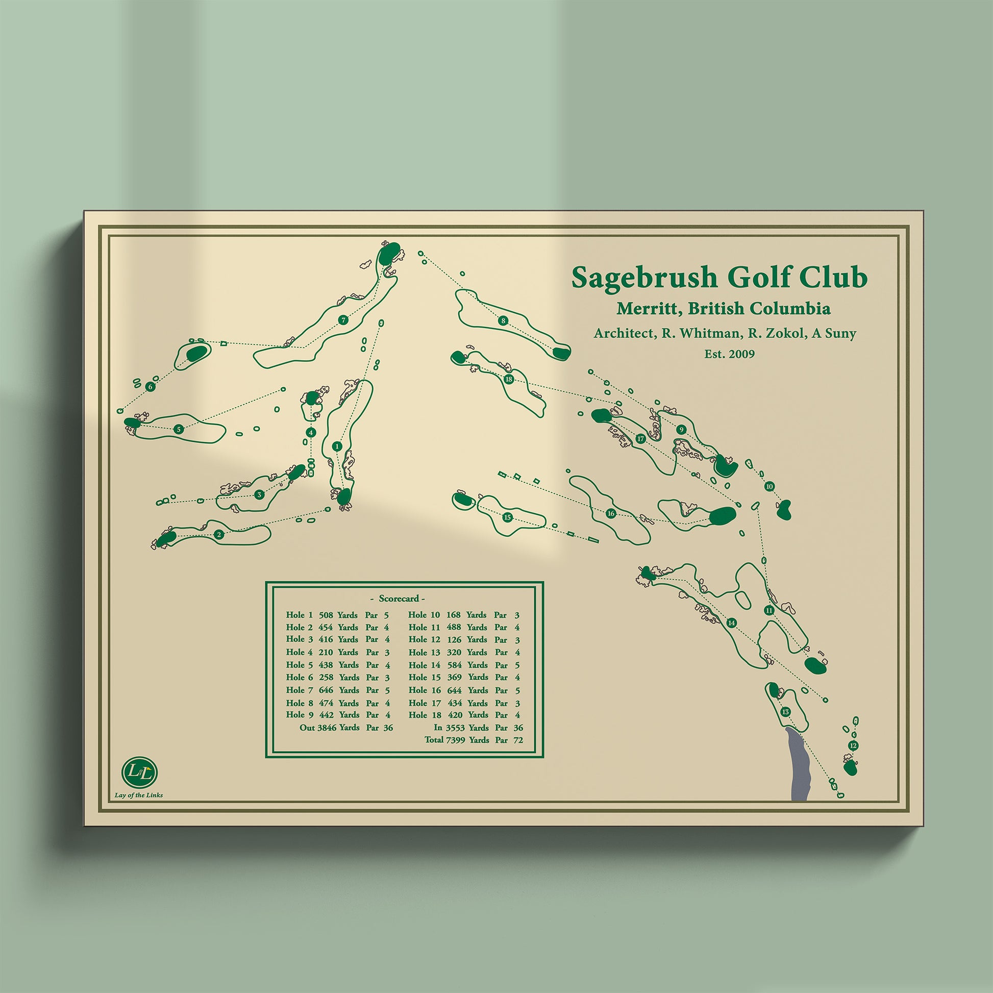 Sagebrush Golf Club map print in a white frame, featuring the unique desert-links layout overlooking Nicola Lake.